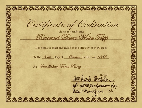 Dame Wotta's Ordination Certificate